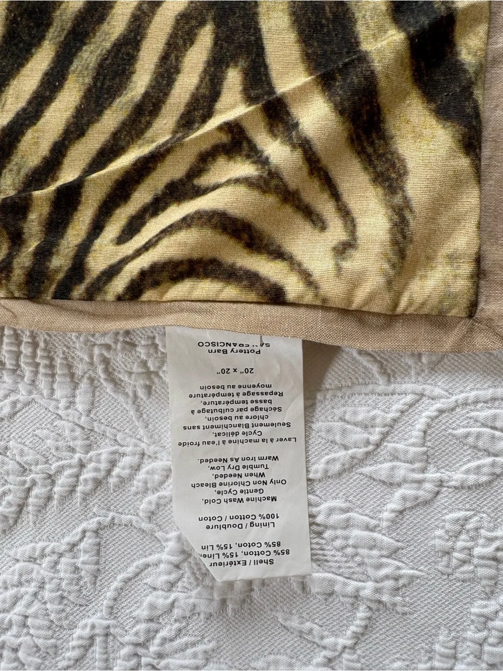 NWT Pottery Barn zebra pillow cover 20” zip up decorative safari cotton